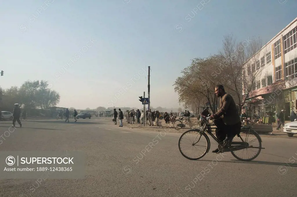 Street Scene With A Man On A Bicycle In Kabul,, Afghanistan