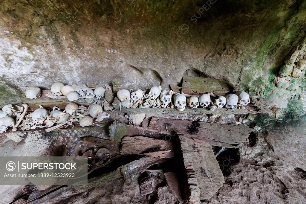 Skulls and wooden coffins in a burial cave, Tampangallo, Toraja Land, South Sulawesi, Indonesia