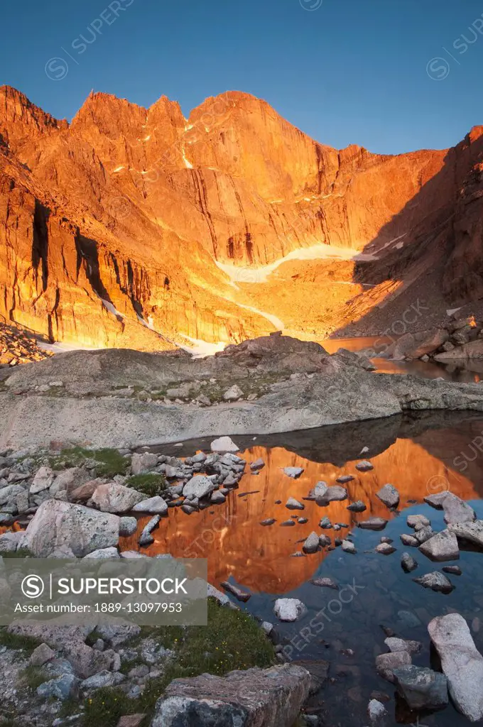 First light on Long's Peak at Chasm Lake in Rocky Mountain National Park; Colorado, United States of America