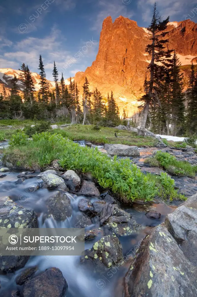 First light on Long's Peak at Chasm Lake in Rocky Mountain National Park; Colorado, United States of America