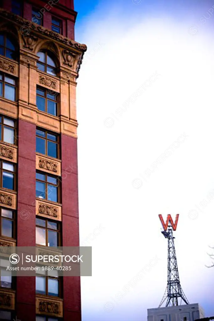 Gastown, Vancouver, British Columbia, Canada; Large 'W' sign in historic city district