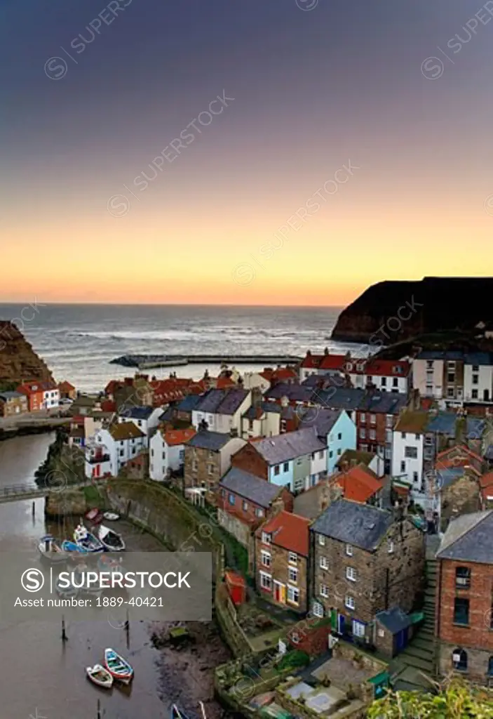 High angle view of Staithes townscape; North Yorkshire, England, UK