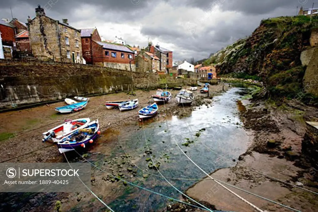 Moored boats in Staithes; North Yorkshire, England, UK
