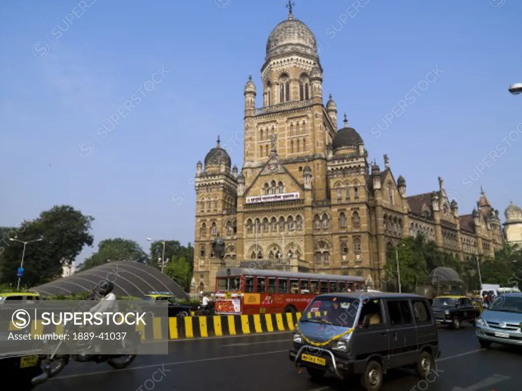 BMC building and busy street; Mumbai, India