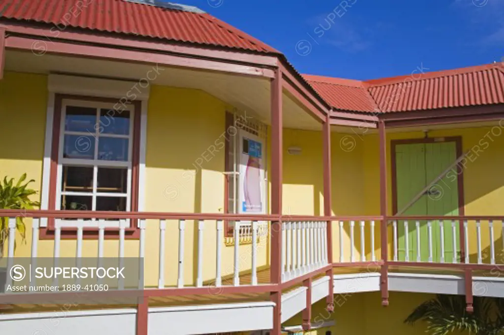 Balcony and shops on Front Street; Philipsburg, St. Maarten Island, Netherlands Antilles