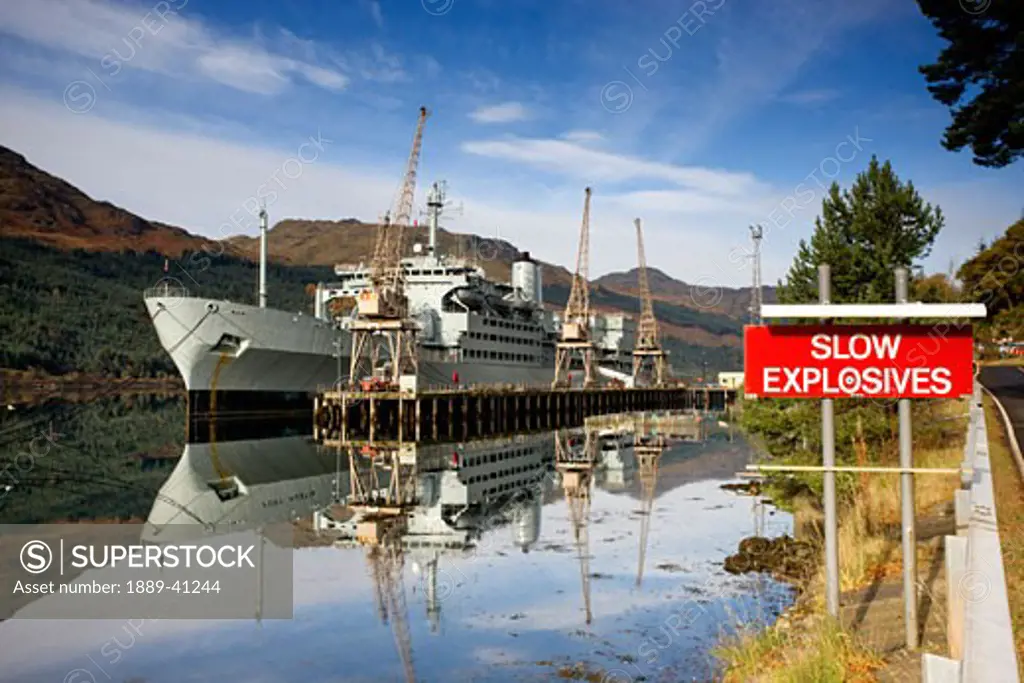 Ship in harbor; Scotland, UK