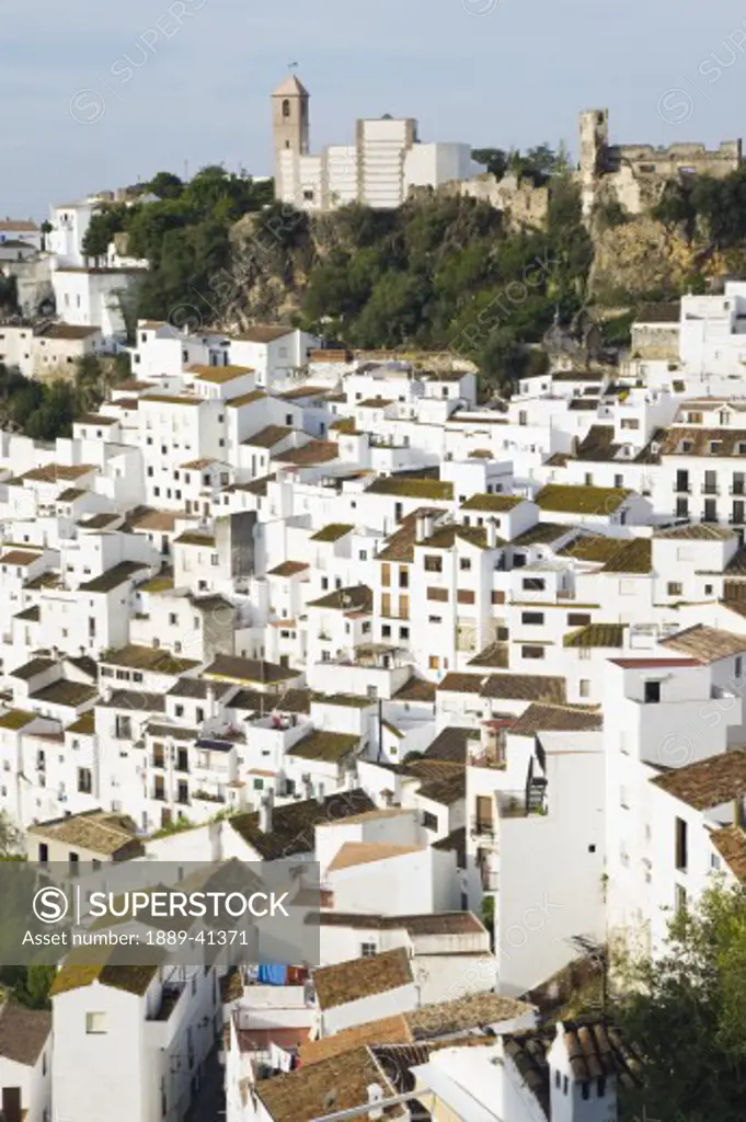 Elevated view of village situated on hill; Casares, Malaga Province, Spain