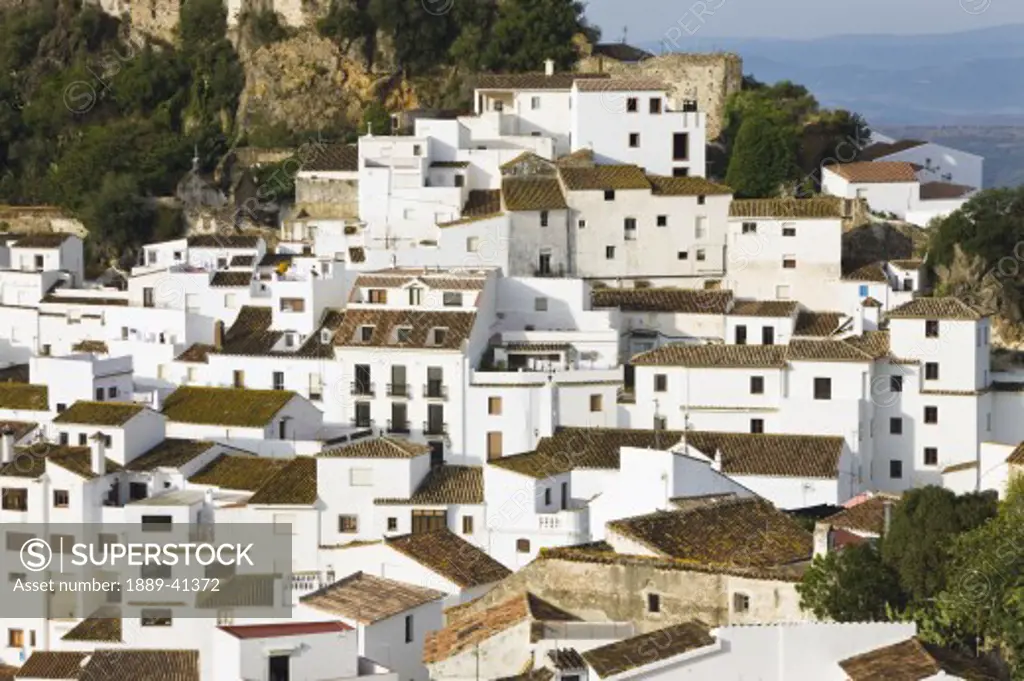 Elevated view of village situated on hill; Casares, Malaga Province, Spain