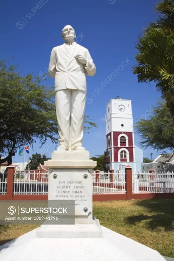 Statue of Jan Hendrik Albert Eman in front of Fort Zoutman; Oranjestad, Island of Aruba, Aruba, Kingdom of the Netherlands