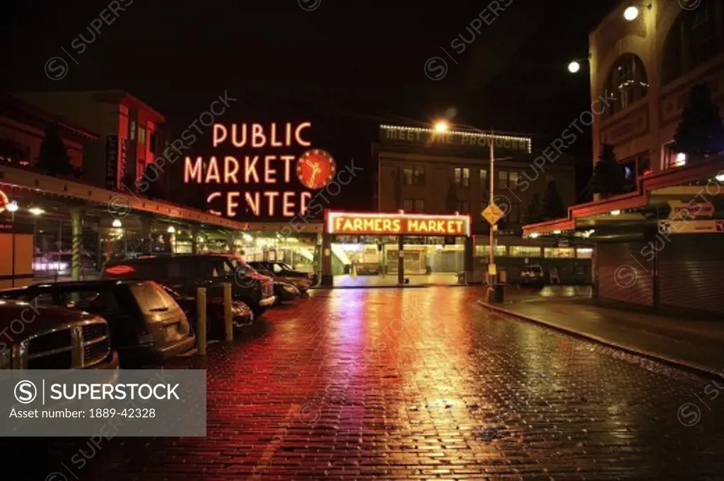 Pike Place Market, Seattle, Washington, USA; Street leading to farmers market at night