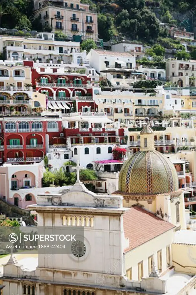 Cathedral of Our Lady of the Assumption, Positano, Amalfi Coast, Italy; Coastal buildings and church