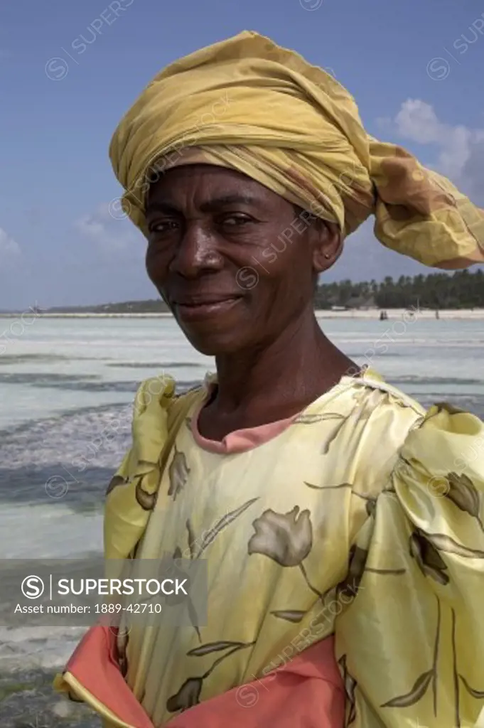 Zanzibar, Tanzania; Portrait of seaweed harvester