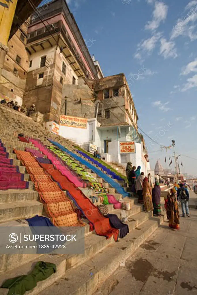 Varanasi, India; Fabric drying on stairs