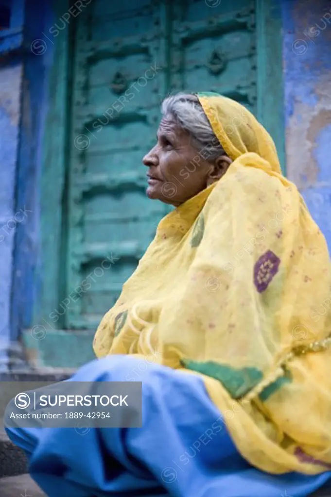 Jodhpur, India; Portrait of woman sitting in traditional clothing