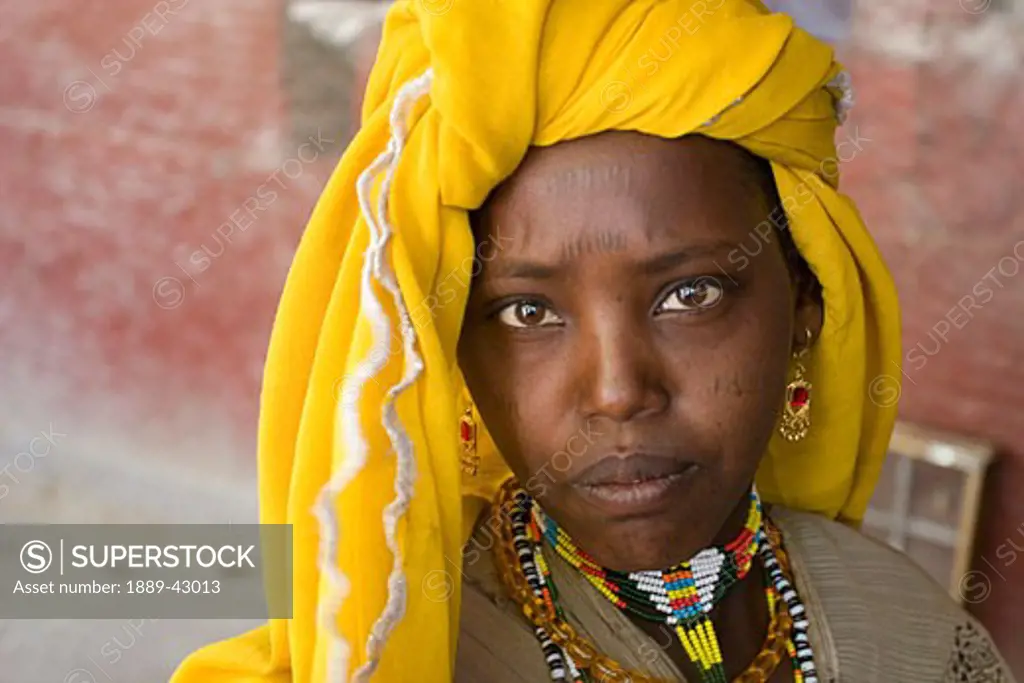 Ethiopia; Portrait of woman wearing headscarf