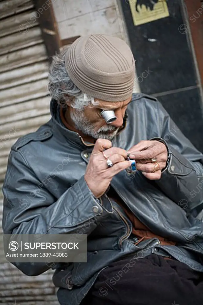 Delhi, India; Man looking through monocular
