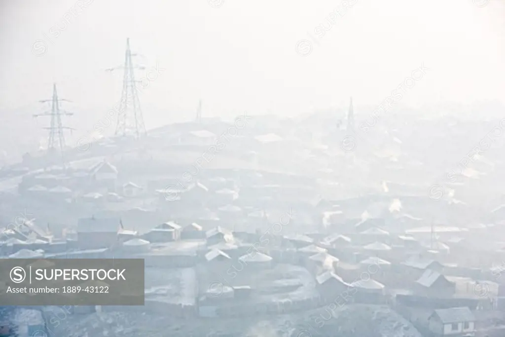 Ulaanbaatar, Mongolia; Pollution over cityscape
