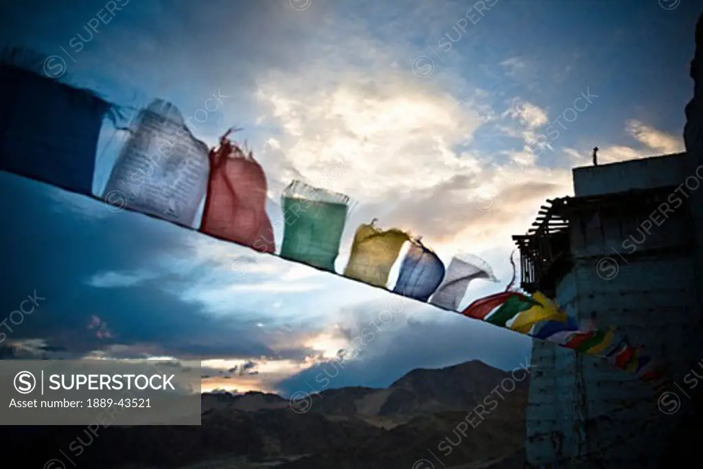 Ladakh, Kashmir, India; Prayer flags hang outside a monastery