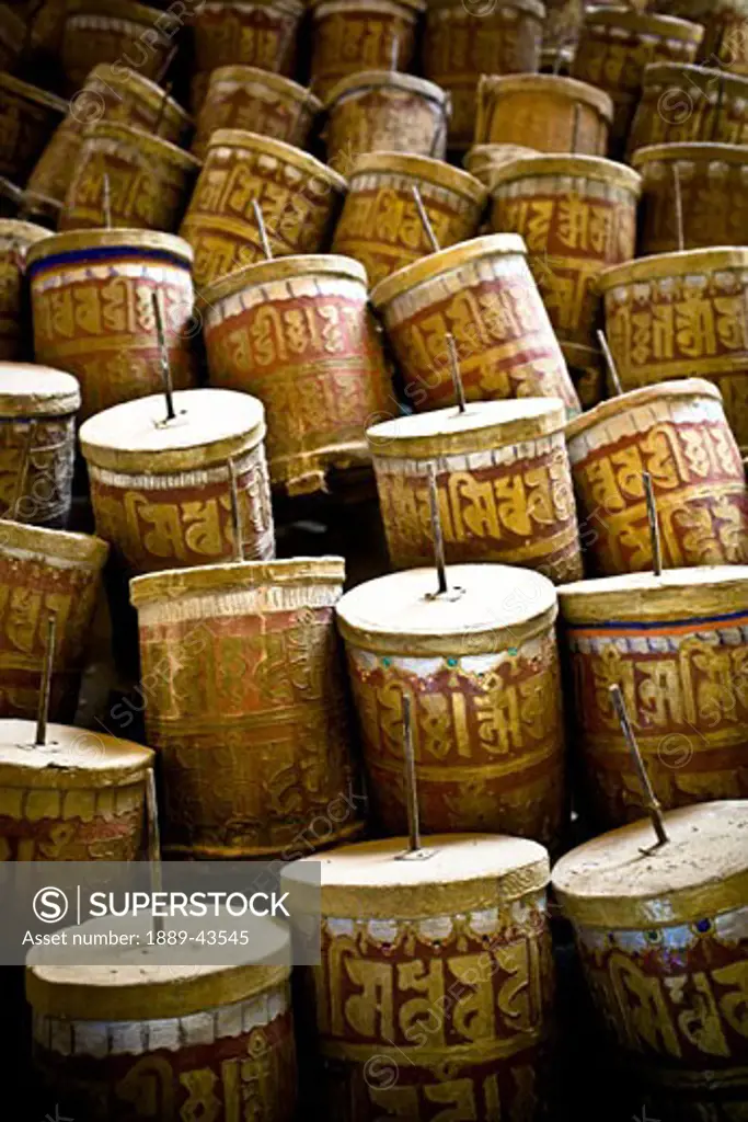 Lamayuru, Ladakh, Kashmir, India; View of prayer wheels