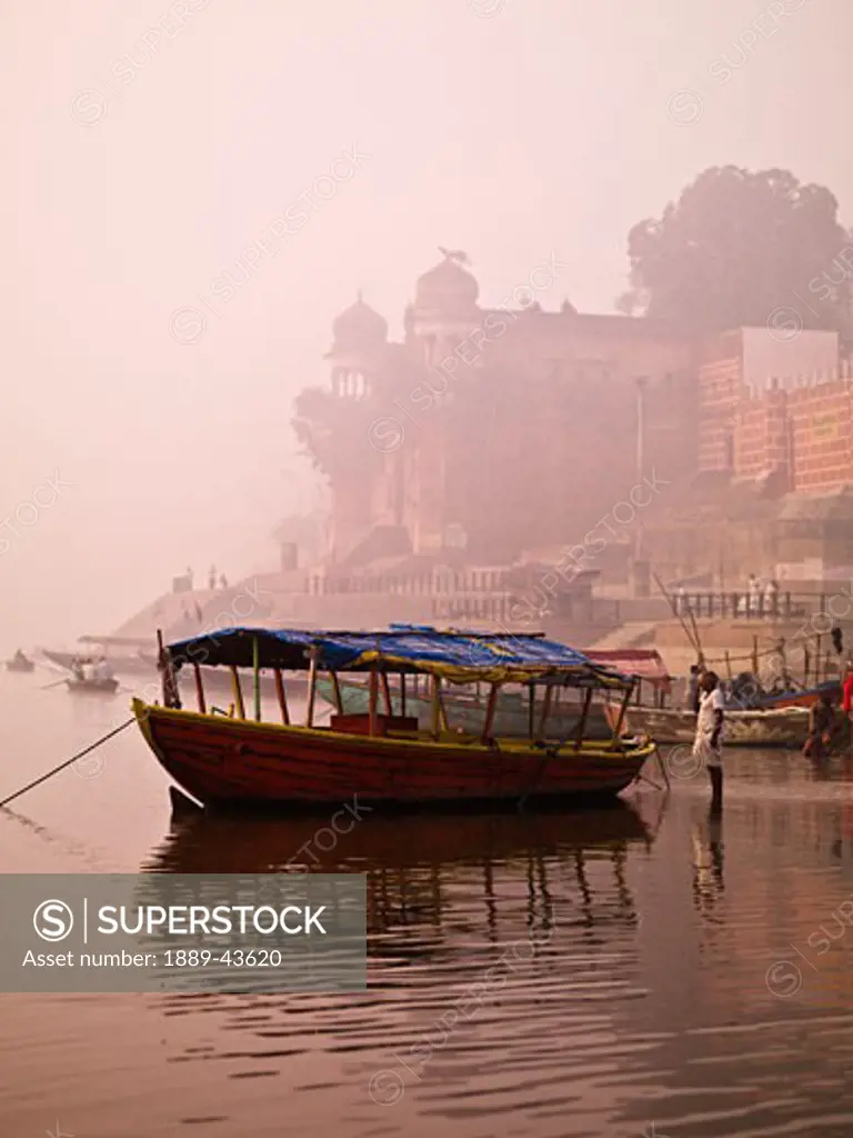 Ganges River,Varanasi,India;Empty water taxi on the river