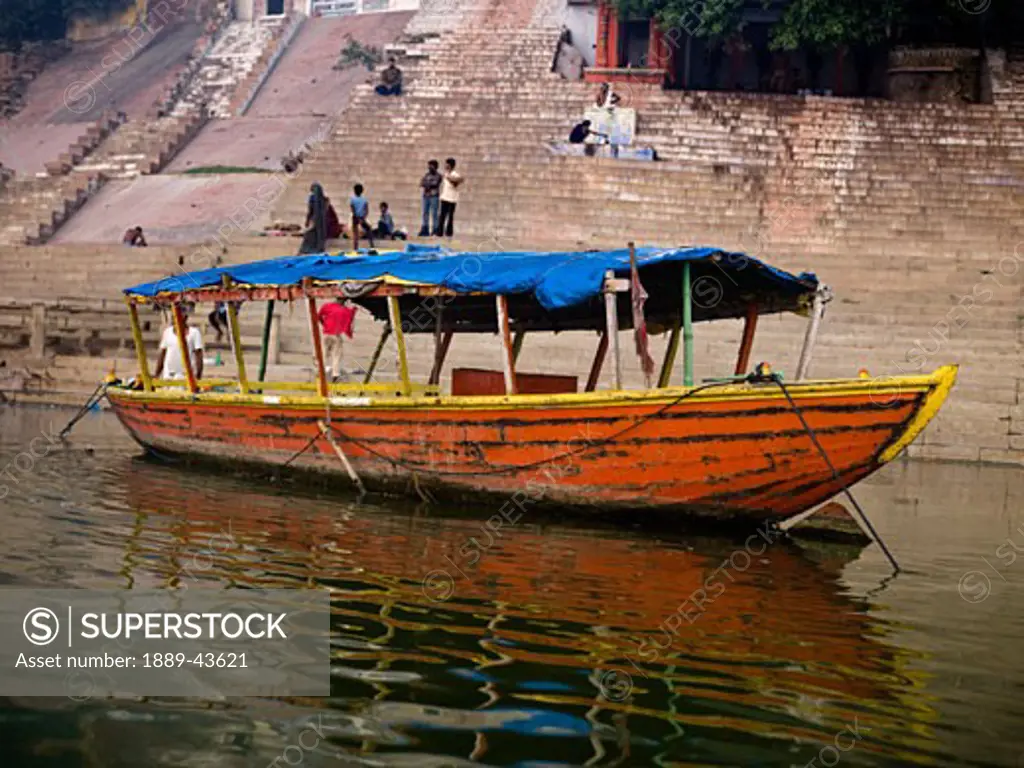 Ganges River,Varanasi,India;Empty water taxi on the river