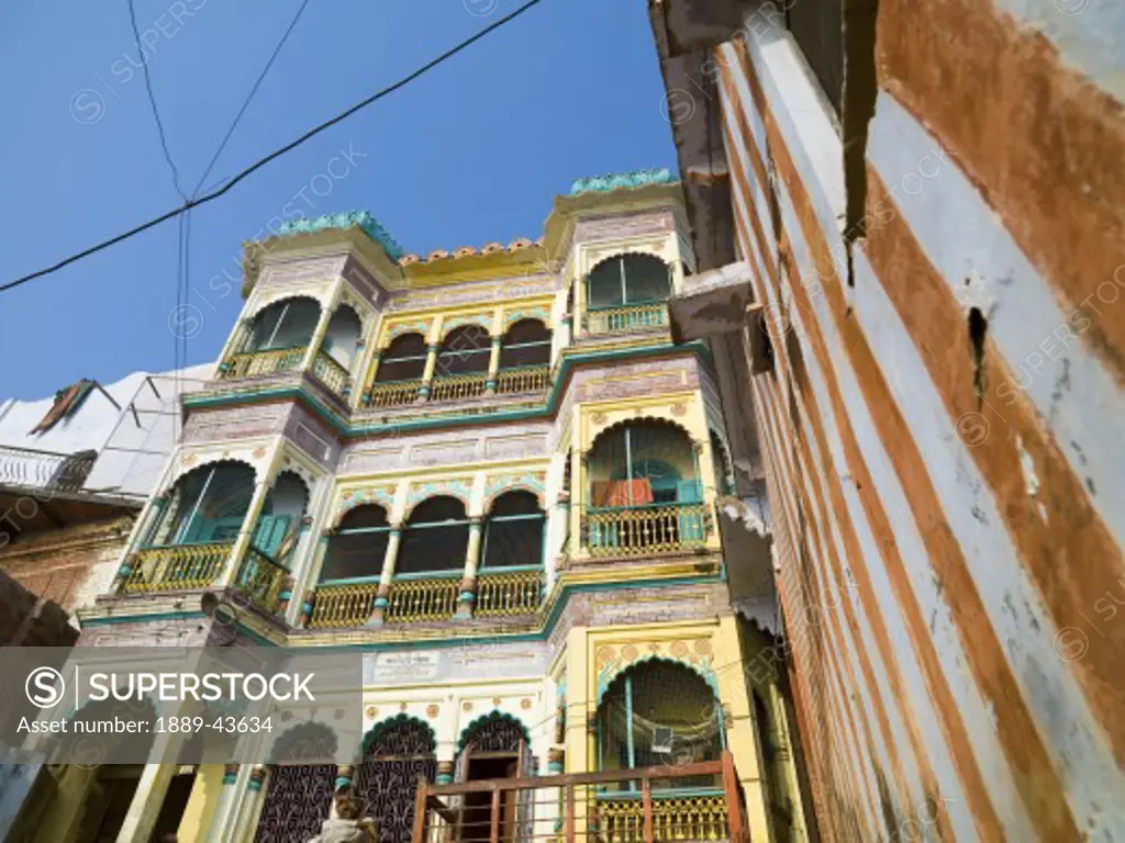 Varanasi,India;Vibrant coloured apartment buildings