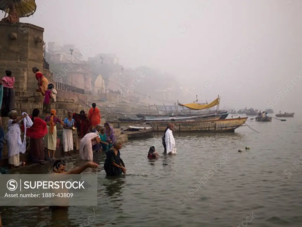 The Ganges,Varanasi,India;People bathing in the river