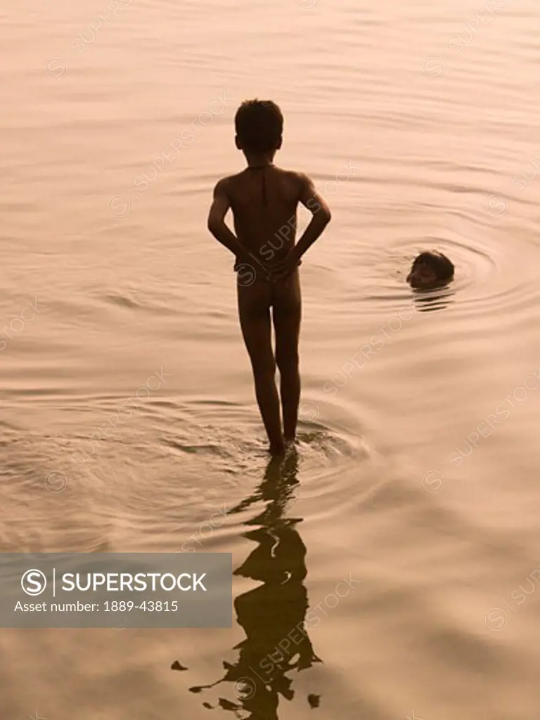 The Ganges,Varanasi,India;Boys bathing in the river