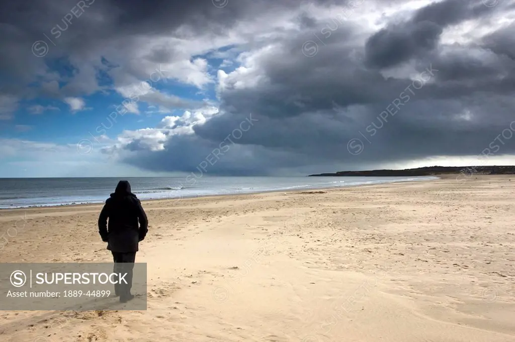 A person alone walking on the beach