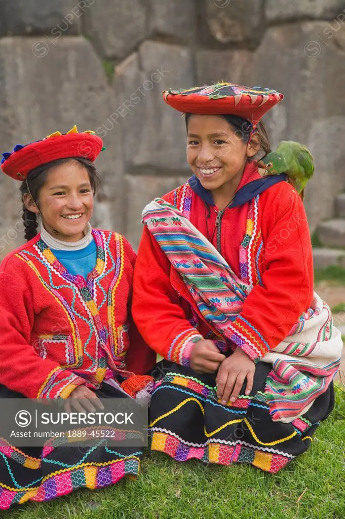Girls in traditional clothing, Sacsayhuaman, Cusco, Peru