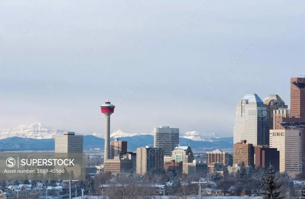 City skyline with mountain backdrop, Calgary, Alberta, Canada