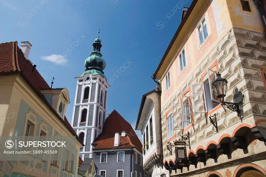 Painted buildings with tower, Cesky Krumlov, Czech Republic
