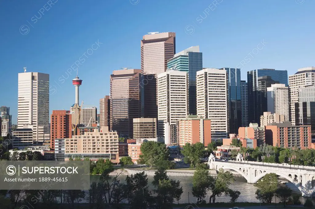 Calgary, Alberta, Canada, Skyline and the Bow River and Centre Street Bridge