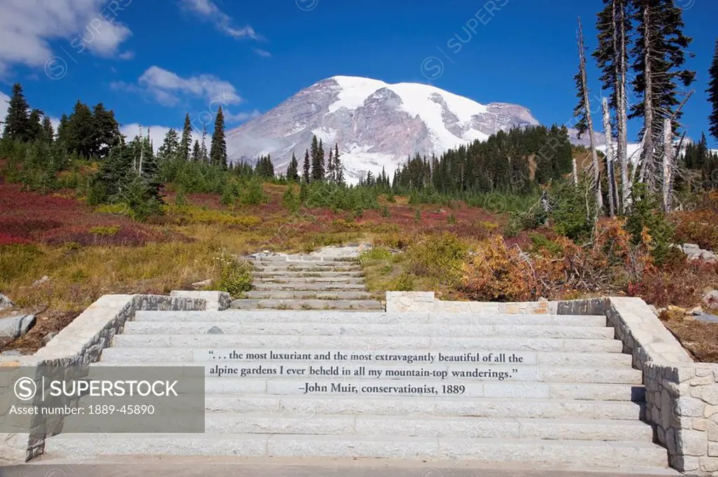 mount rainier national park, washington, united states of america, inscription on steps with mount rainier in the background