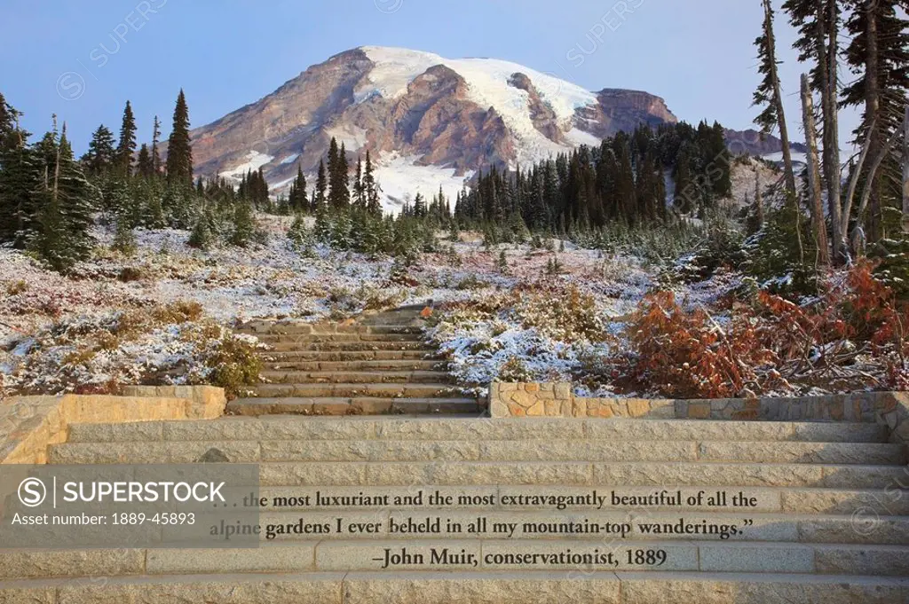 mount rainier national park, washington, united states of america, inscription on steps in paradise park