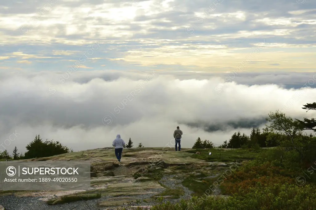 Scenic view of Cadillac Mountain and clouds in Acadia National Park.; Cadillac Mountain, Mount Desert Island, Acadia Nation Park, Maine.