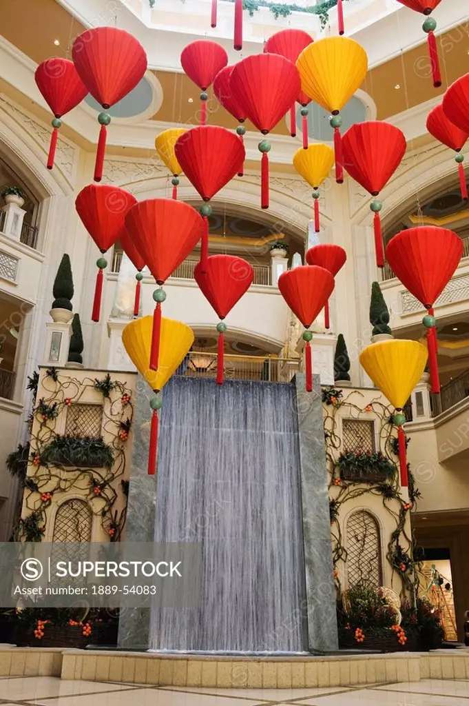 Las Vegas, Nevada, United States Of America, Waterfalls And Hanging Ornaments In The Interior Hotel Courtyard