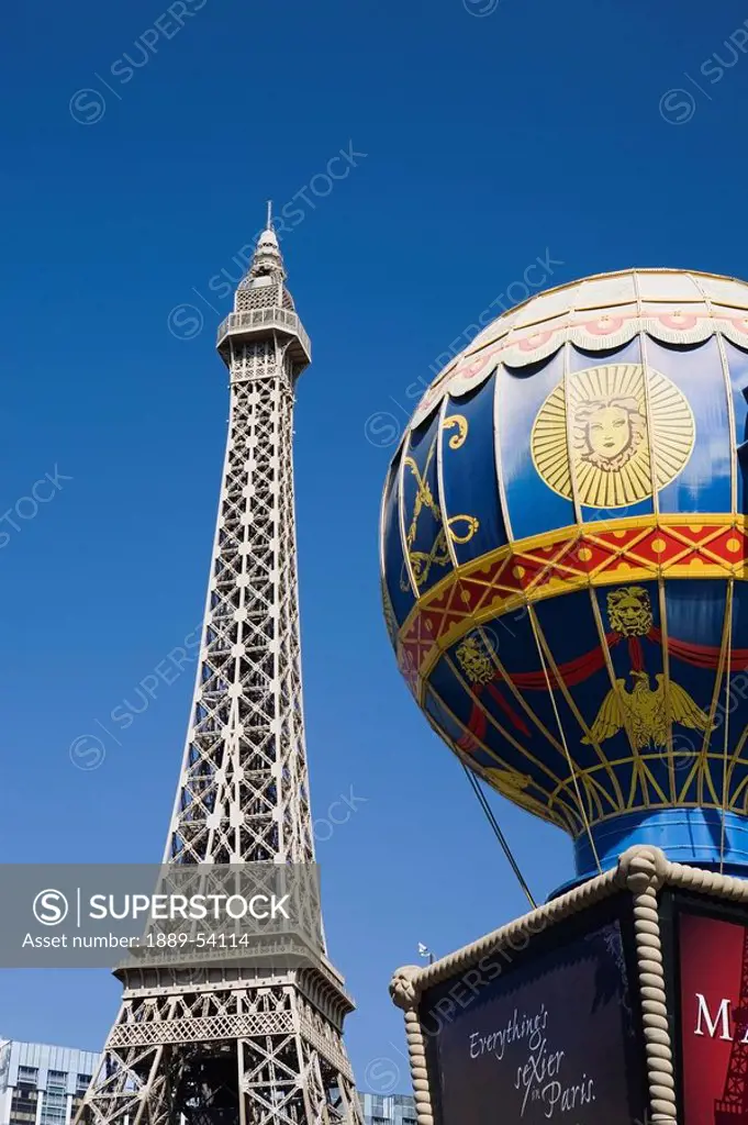Las Vegas, Nevada, United States Of America, Eiffel Tower And A Colorful Air Balloon Sign