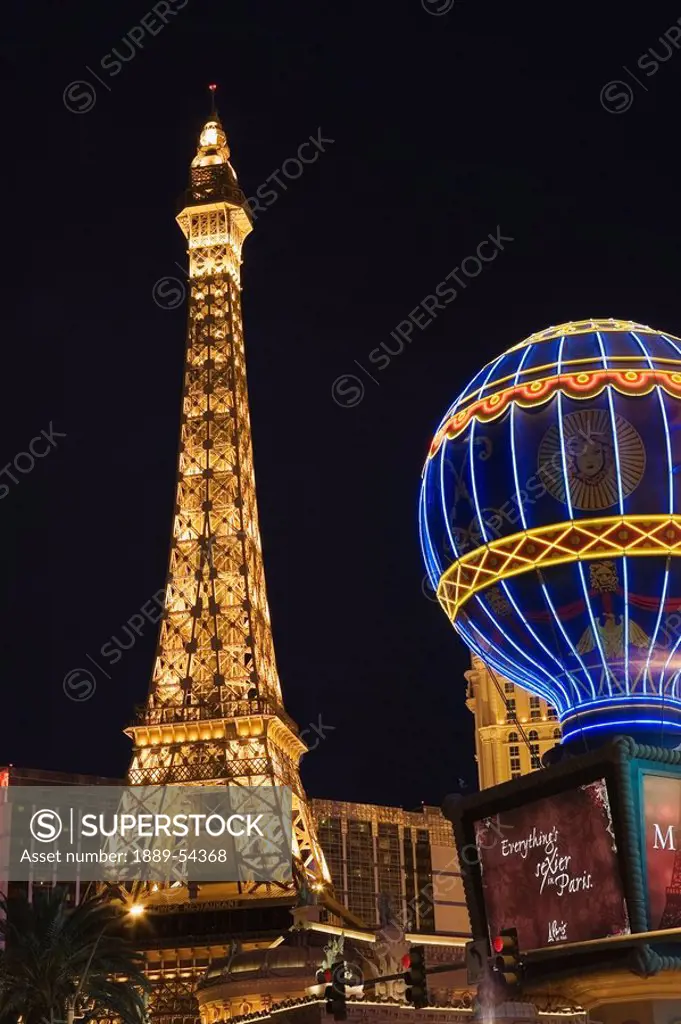 Las Vegas, Nevada, United States Of America, Eiffel Tower And Air Balloon Sign Illuminated At Night
