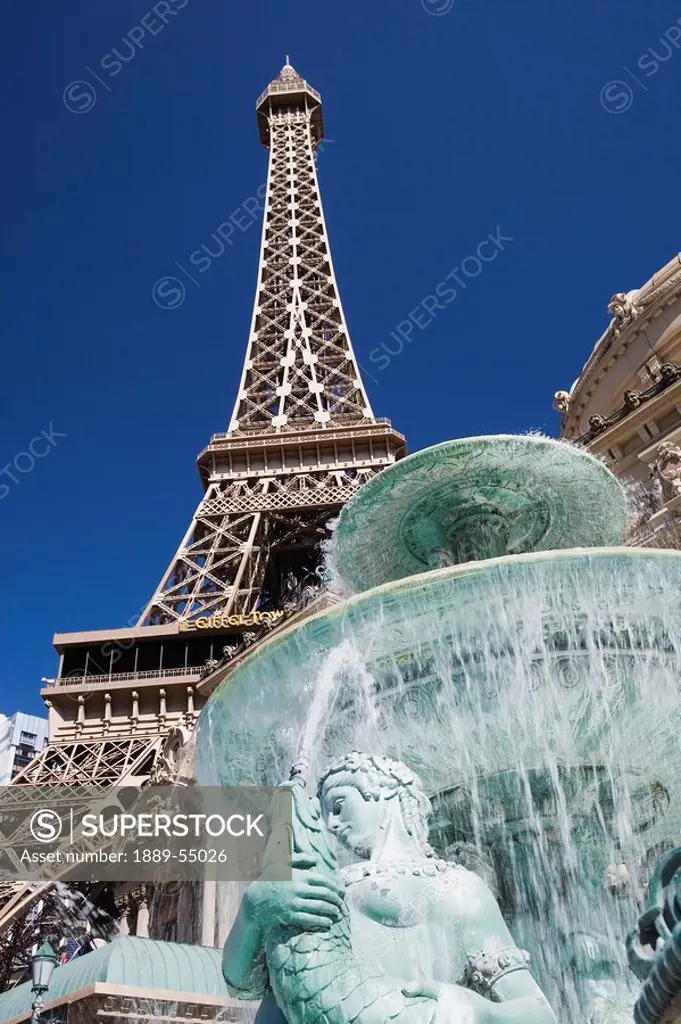 Las Vegas, Nevada, United States Of America, Eiffel Tower And A Water Fountain With A Statue