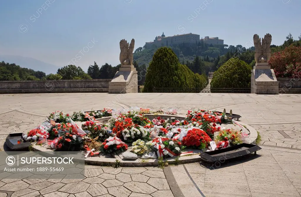 italy, wreaths of flowers at the polish cemetery by monte cassino monastery