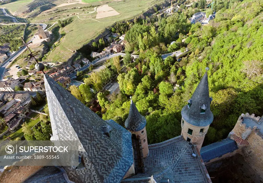 view over towers of the alcazar to the countryside below, segovia, segovia province, spain