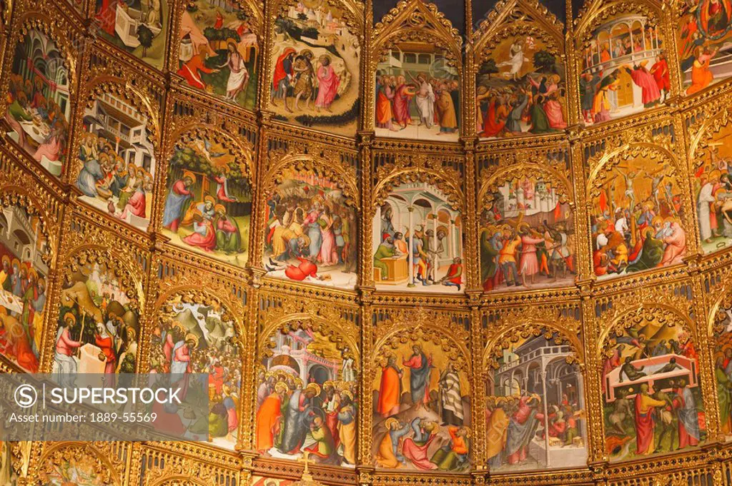 fifteenth century altarpiece by nicolas florentino depicting the life of christ behind the high altar in the old cathedral catedral vieja, salamanca, ...