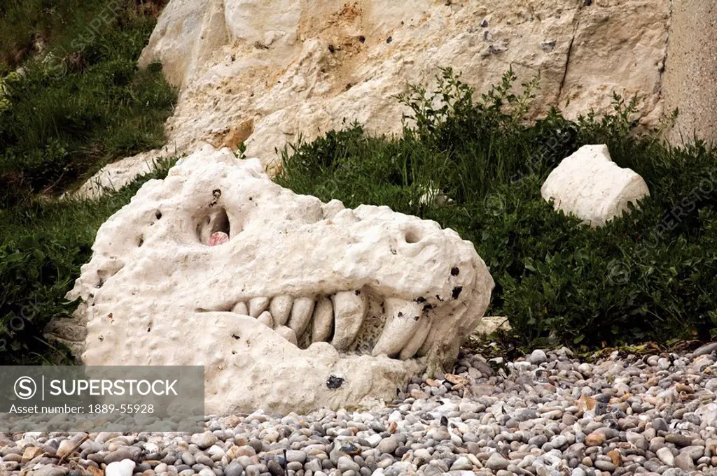 sculpture of a creature´s head on the beach, beer, devon, england