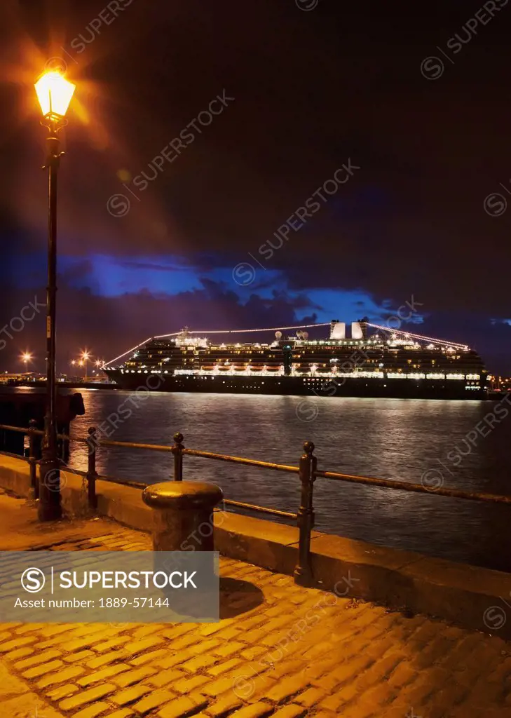 Cruise Ship On The River Tyne At Night, South Shields, Tyne And Wear, England
