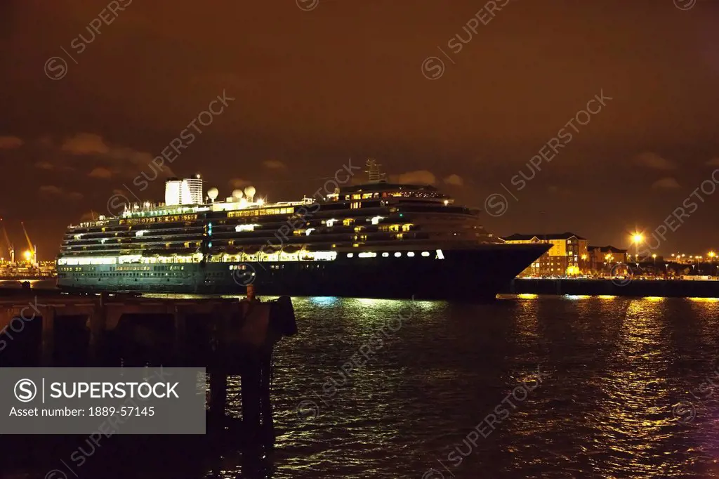 Cruise Ship On The River Tyne At Night, South Shields, Tyne And Wear, England
