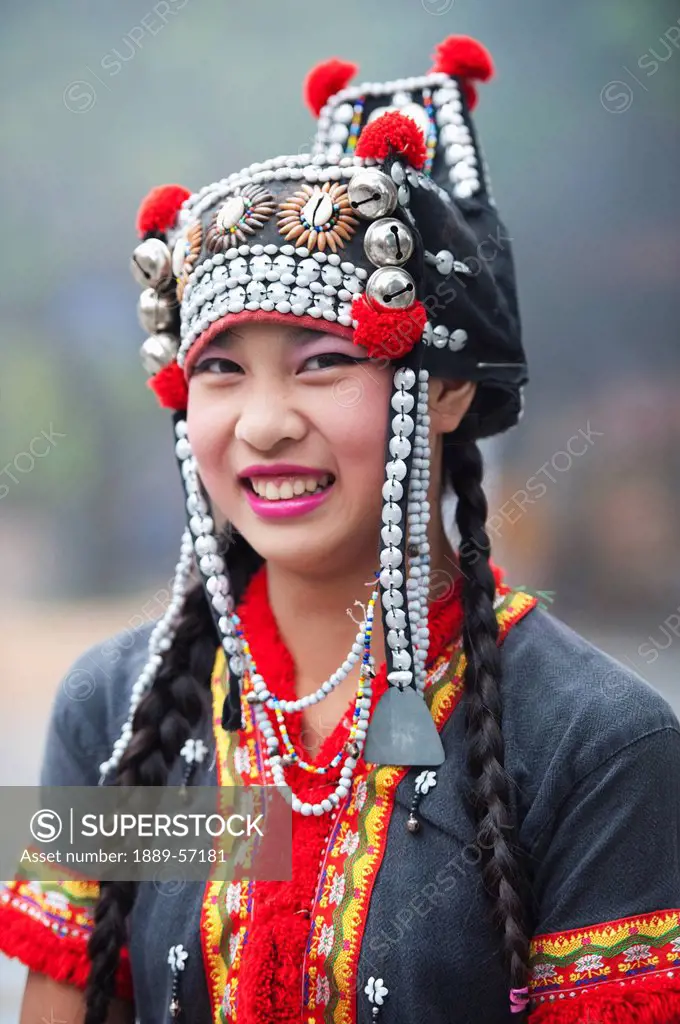 Thai Girl Dressed In An Akha Hill Tribe Costume, Chiang Mai, Thailand