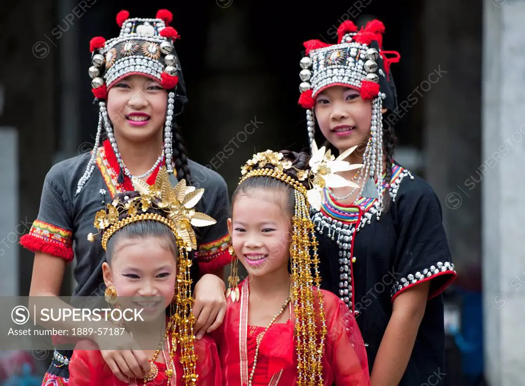 Thai Girls Dressed In Akha Hill Tribe Costume, Chiang Mai, Thailand