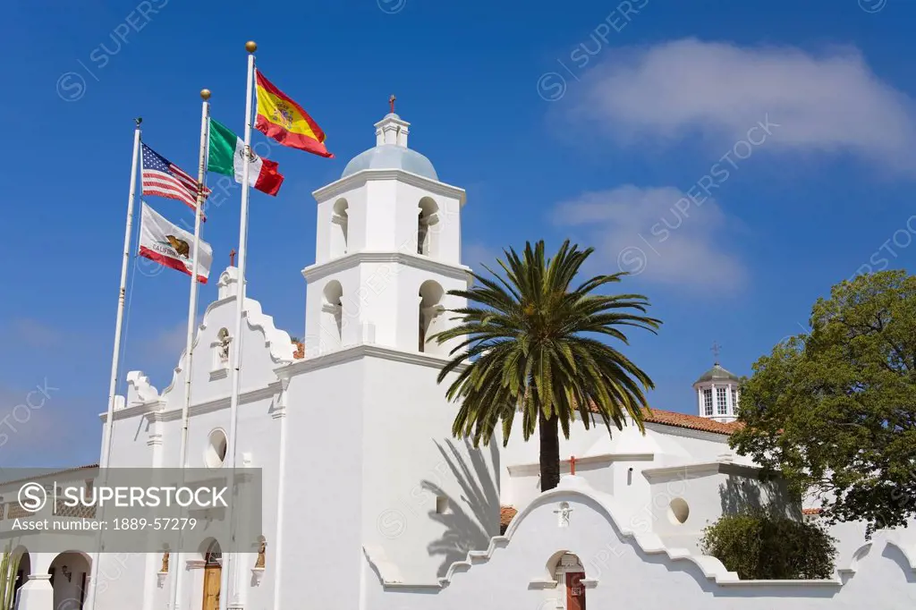 Flags At San Luis Rey Mission Church, Oceanside, California, United States Of America