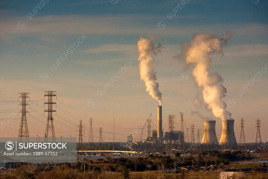 Smoke Stacks And Power Transmission Lines In Jacksonville Port, Jacksonville, Florida, United States Of America